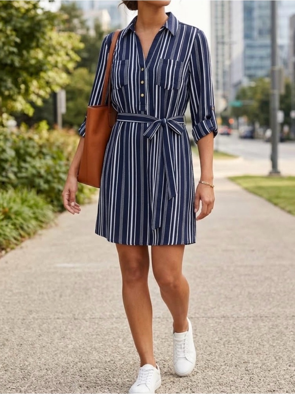 Striped Navy Shirt Dress with Tie Waist by Urban Girl Juniors Sz-M. E7